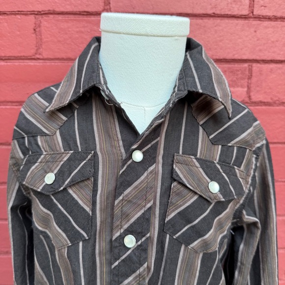 Wrangler Western Shirt Kids Striped Brown Cowboy‎ Long Sleeve Cotton Blend - Picture 2 of 5